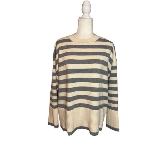 Zara boxy cut cream and gray striped crewneck sweater - L - Picture 1 of 9